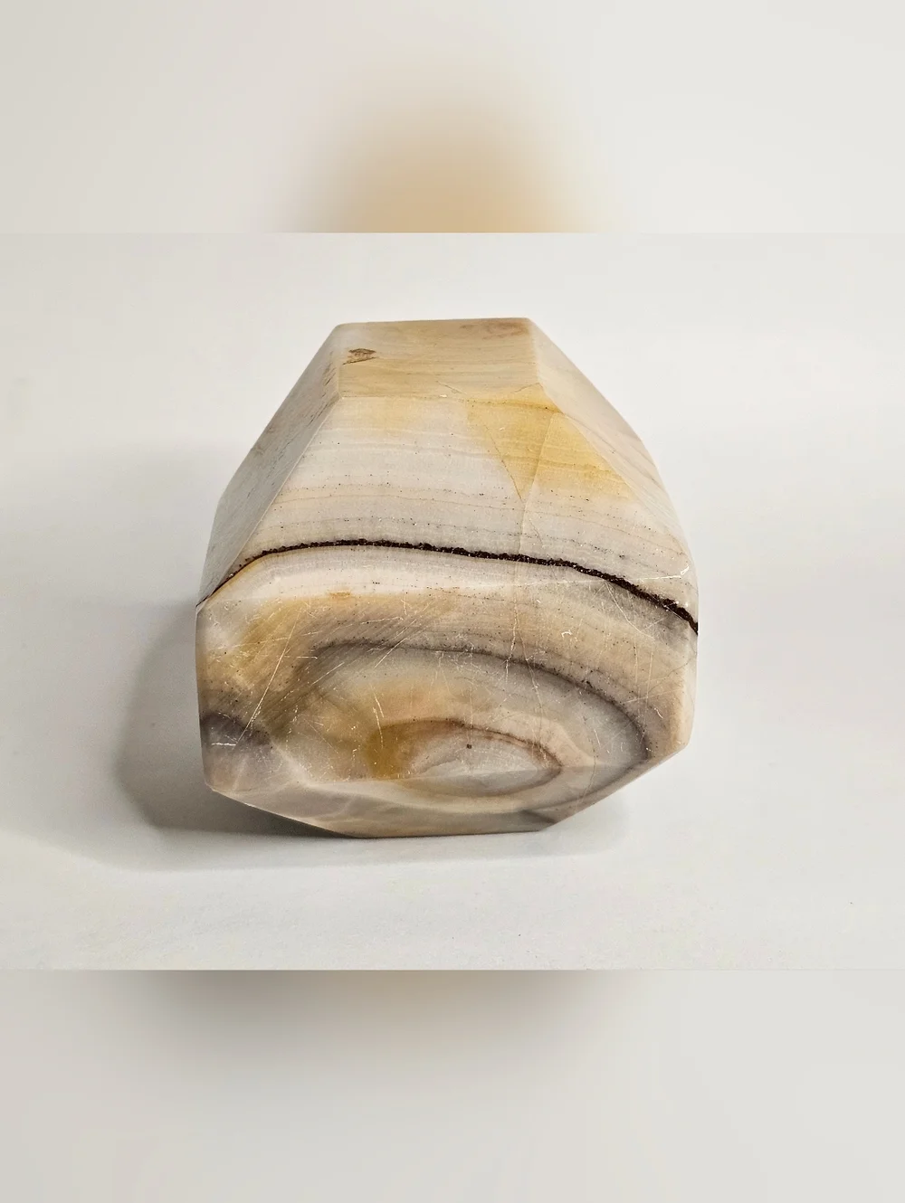 Vtg Hand Carved Banded Onyx Stone Desktop Pen Pencil Holder MCM Art Paperweight
